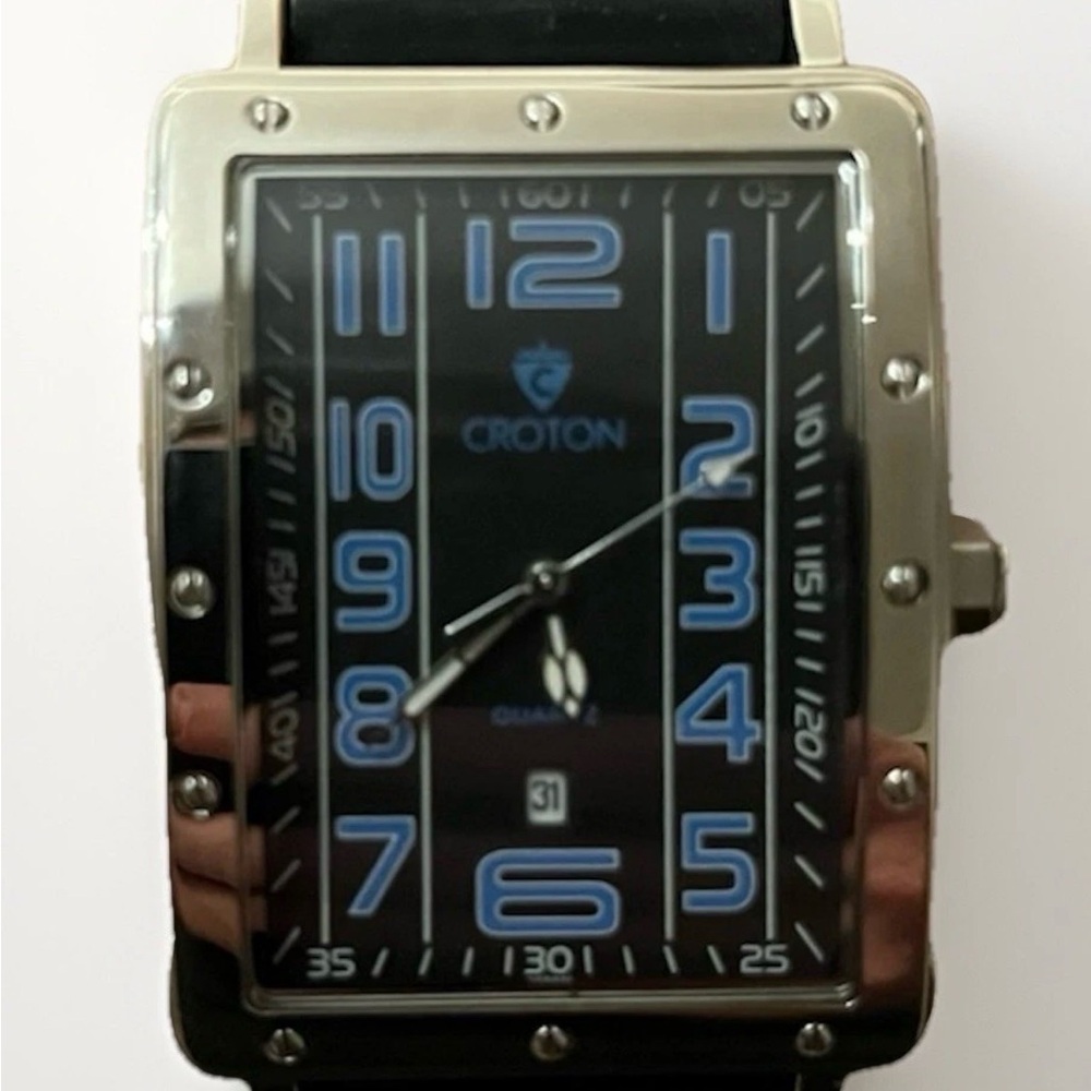 Croton Black and Silver Quartz Watch with Blue Numerals and Rubber Strap - New